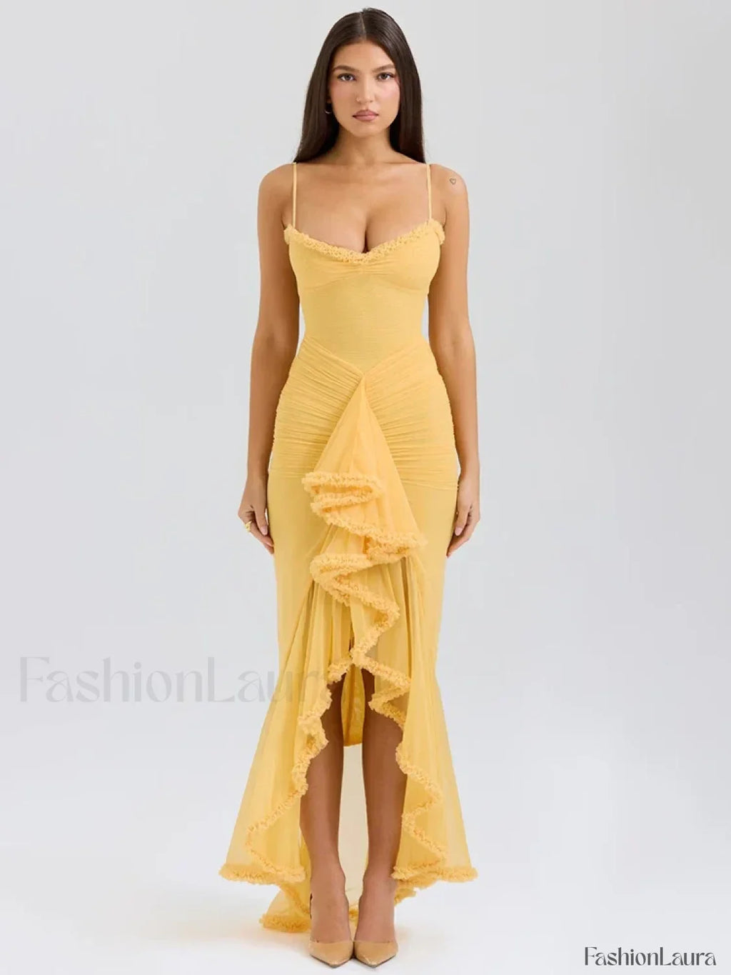 Yellow Ruffled Spaghetti Midi Dress