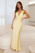 Aisling Premium Long Satin Dress with a Deep V Neck in Yellow Chic Silhouette Collection
