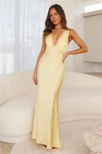 Aisling Premium Long Satin Dress with a Deep V Neck in Yellow Chic Silhouette Collection