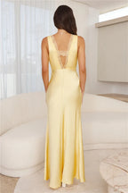 Aisling Premium Long Satin Dress with a Deep V Neck in Yellow Chic Silhouette Collection