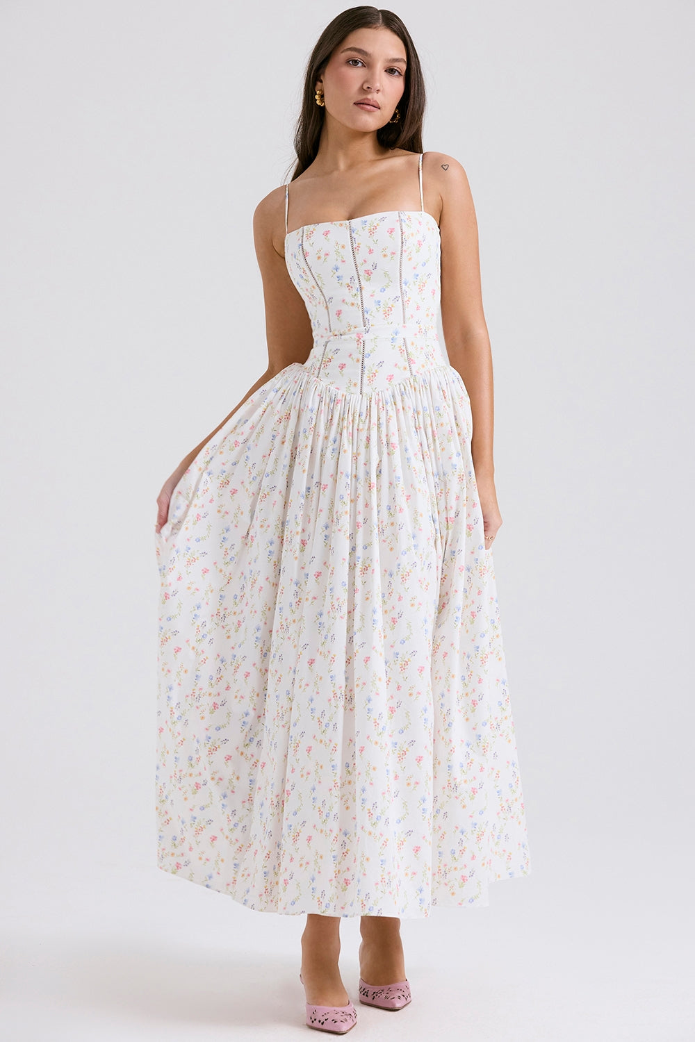 Floral Ribbon Print Corset Bodice Basque Waist Maxi Dress