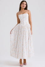Floral Ribbon Print Corset Bodice Basque Waist Maxi Dress