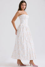 Floral Ribbon Print Corset Bodice Basque Waist Maxi Dress