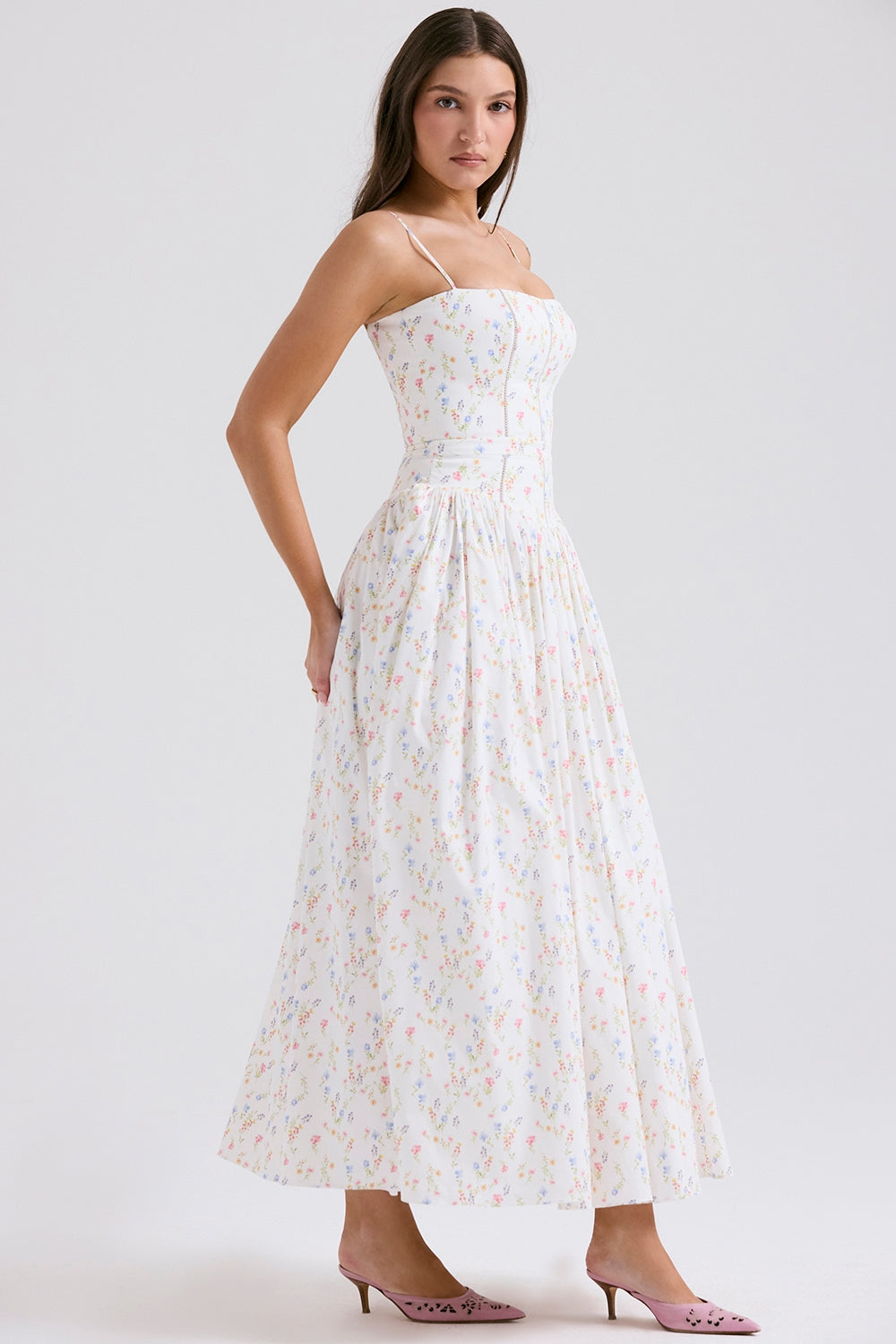 Floral Ribbon Print Corset Bodice Basque Waist Maxi Dress
