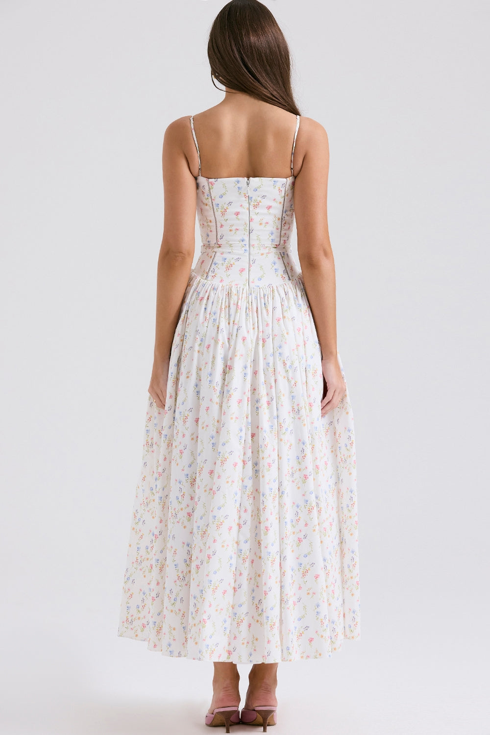 Floral Ribbon Print Corset Bodice Basque Waist Maxi Dress
