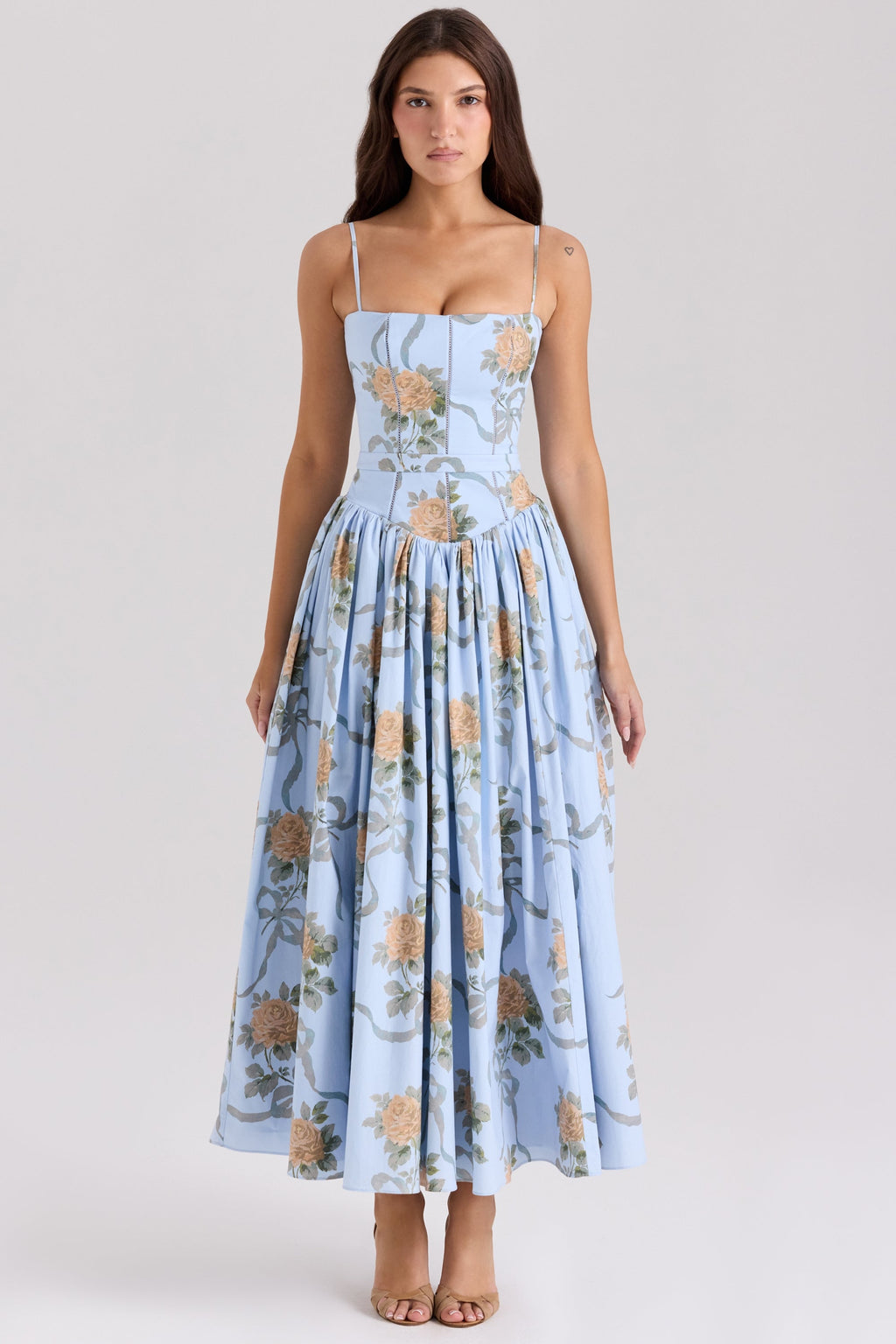 Floral Ribbon Print Corset Bodice Basque Waist Maxi Dress