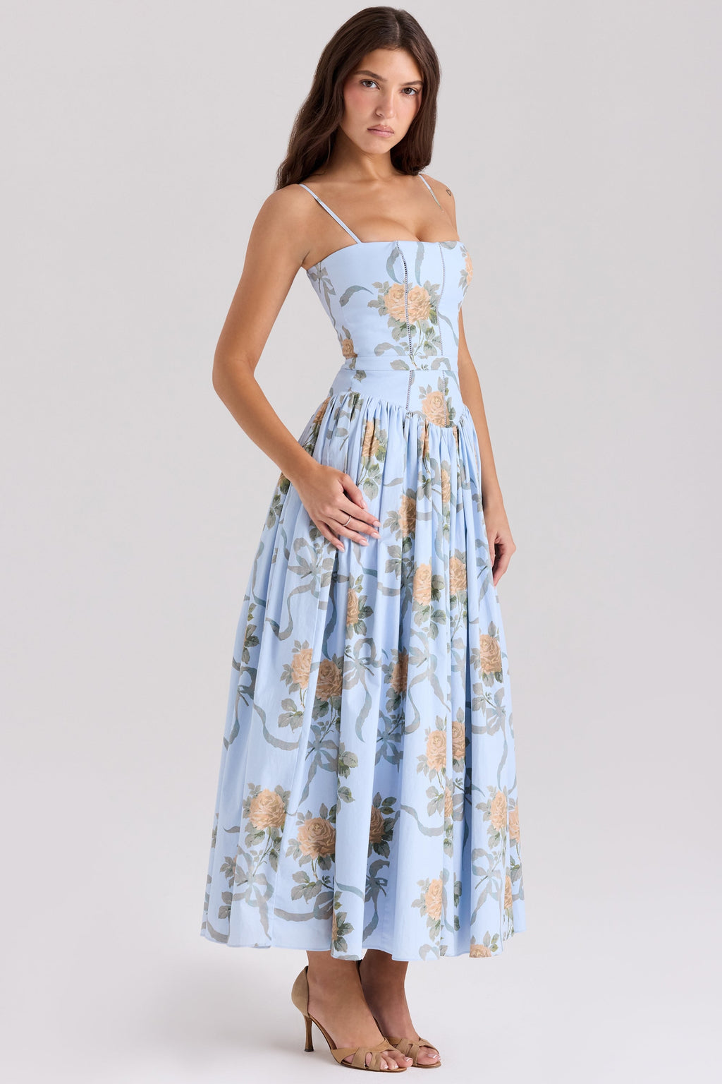 Floral Ribbon Print Corset Bodice Basque Waist Maxi Dress