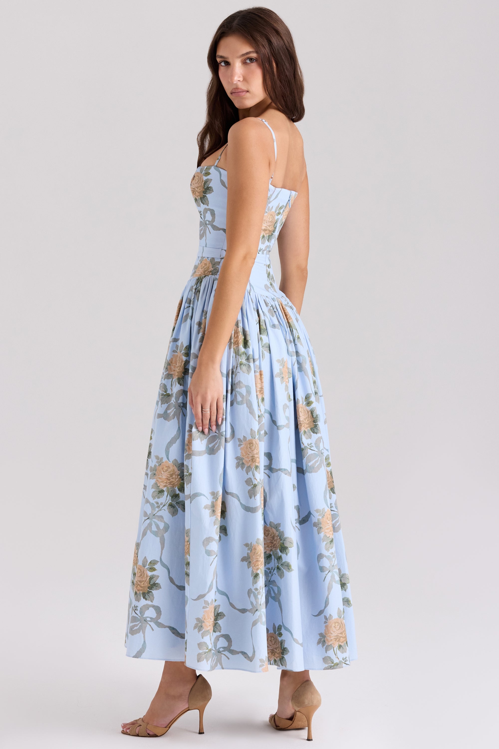 Floral Ribbon Print Corset Bodice Basque Waist Maxi Dress