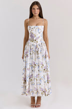 Floral Ribbon Print Corset Bodice Basque Waist Maxi Dress