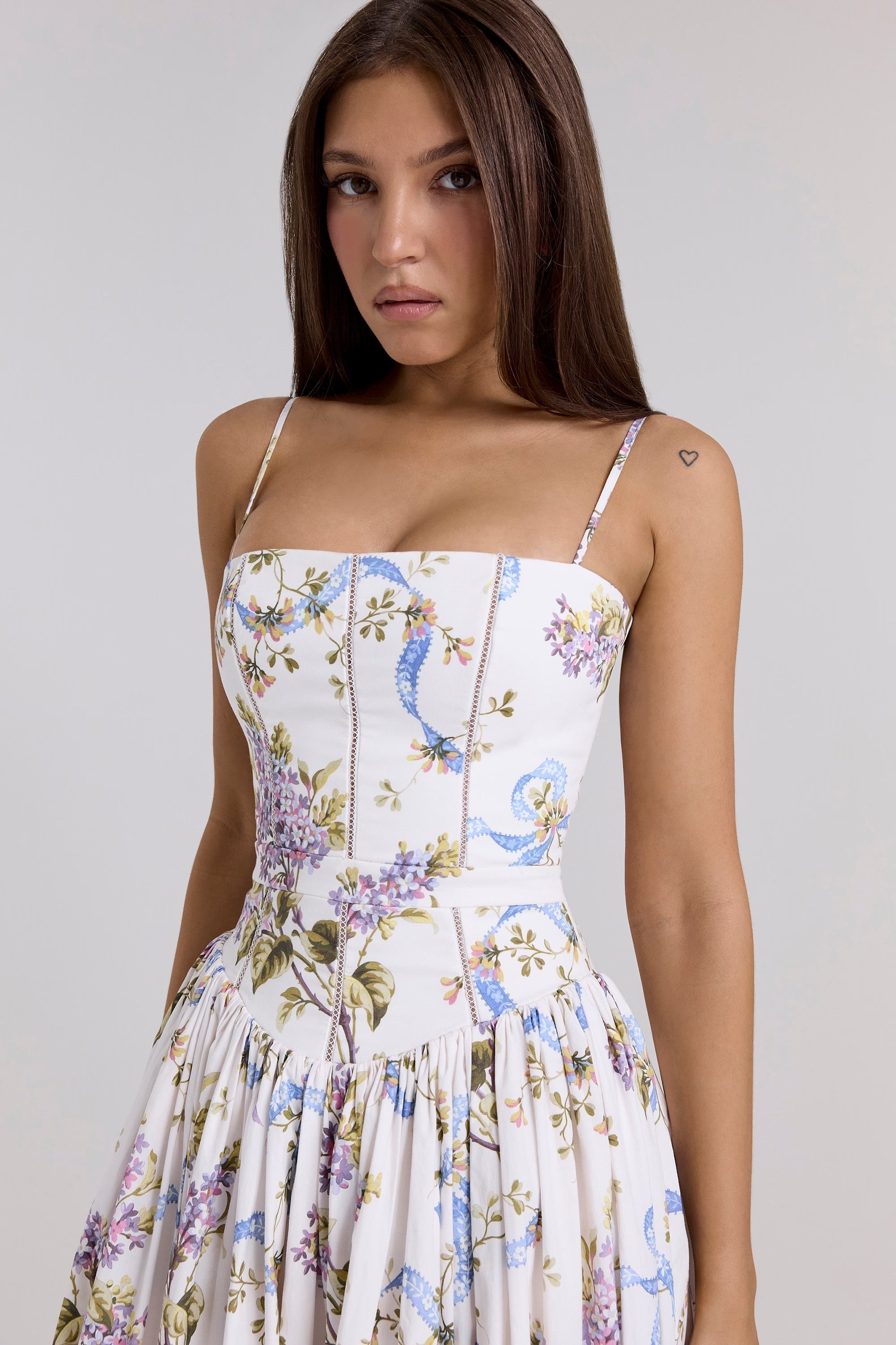 Floral Ribbon Print Corset Bodice Basque Waist Maxi Dress