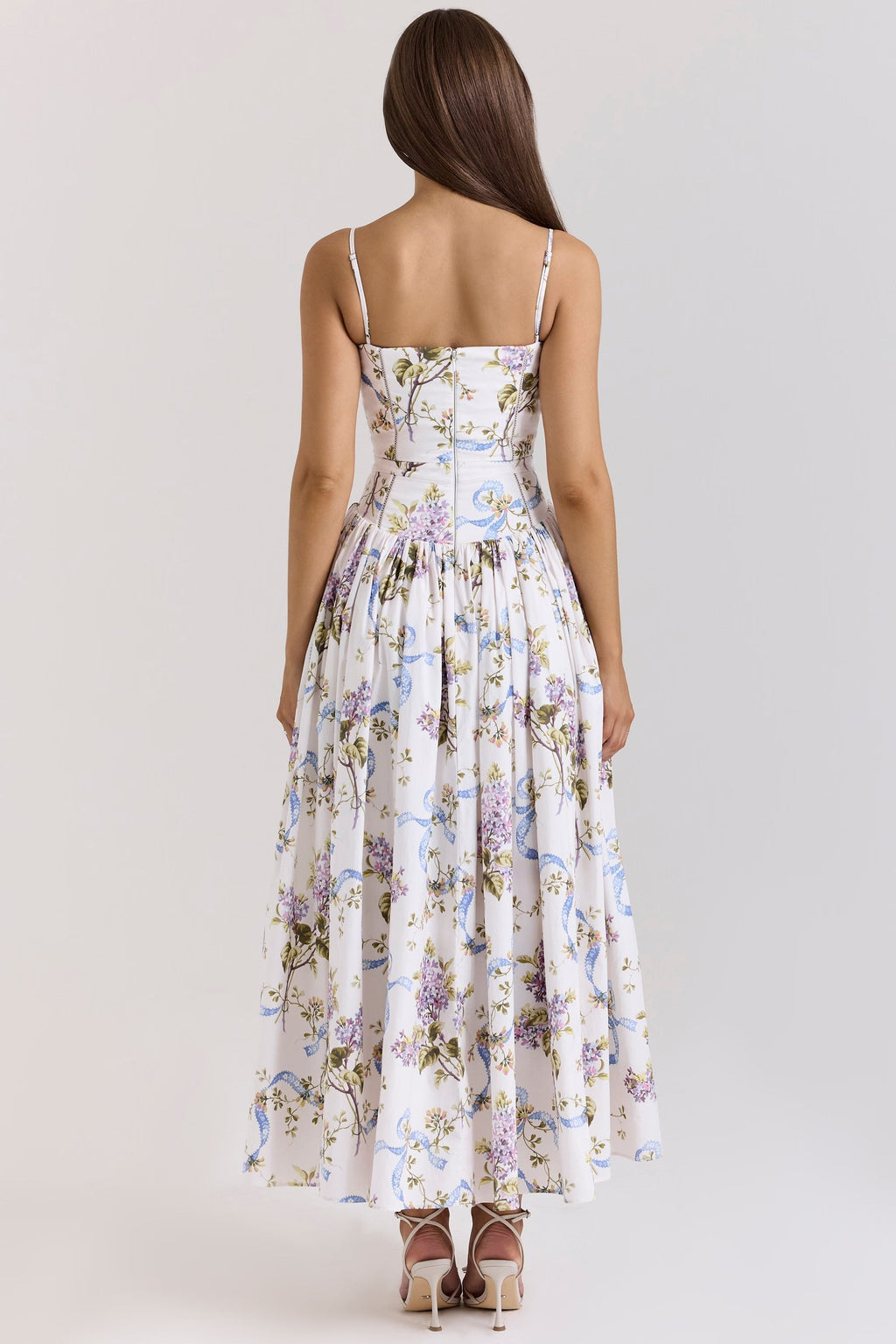 Floral Ribbon Print Corset Bodice Basque Waist Maxi Dress