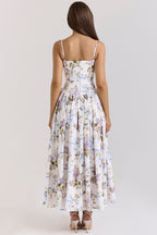 Floral Ribbon Print Corset Bodice Basque Waist Maxi Dress
