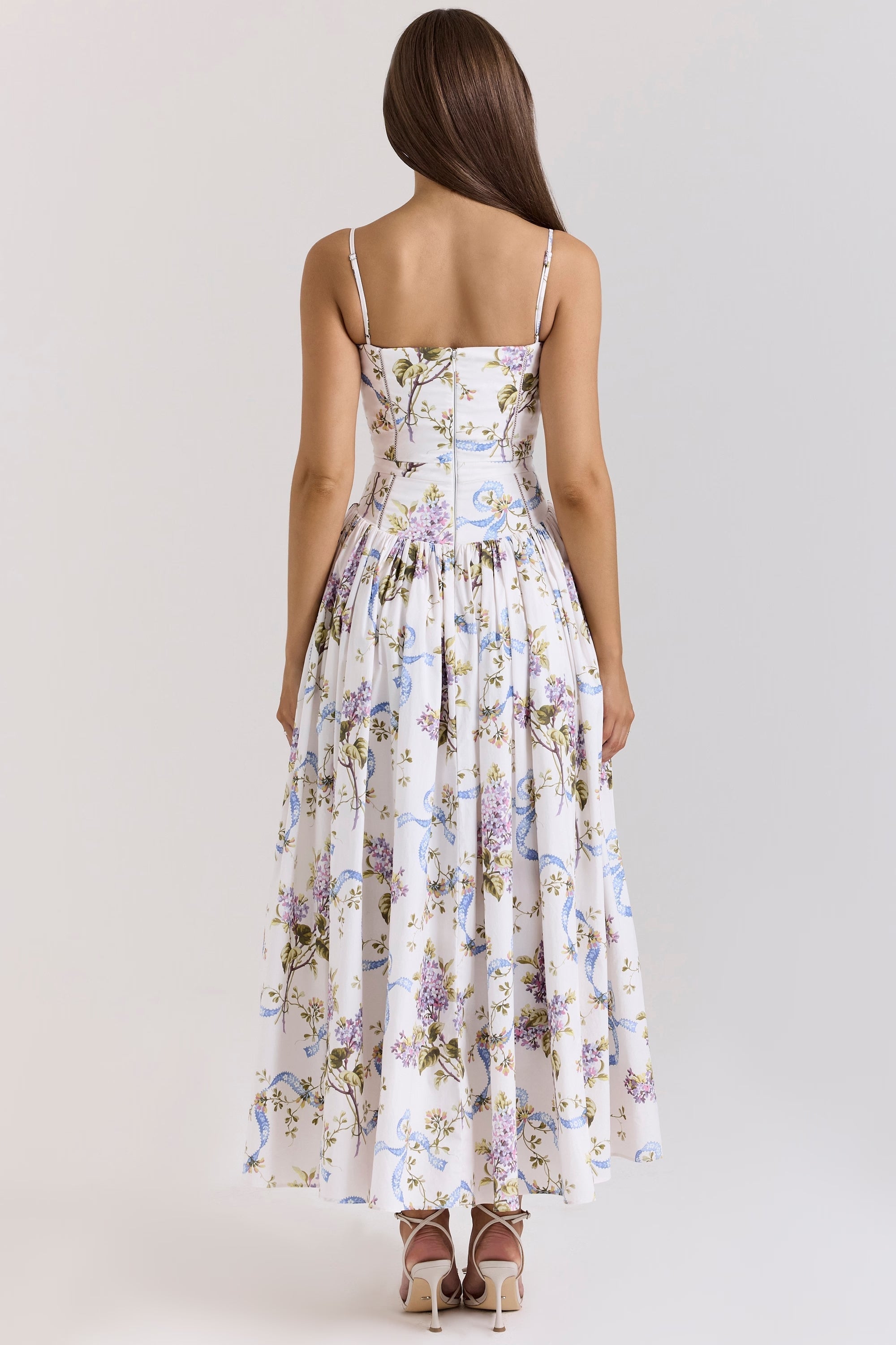 Floral Ribbon Print Corset Bodice Basque Waist Maxi Dress