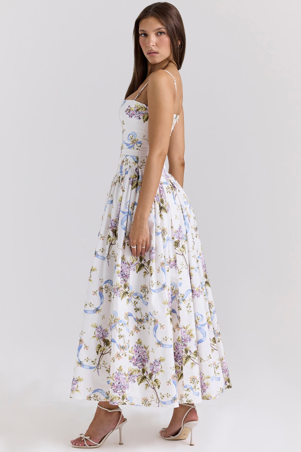 Floral Ribbon Print Corset Bodice Basque Waist Maxi Dress