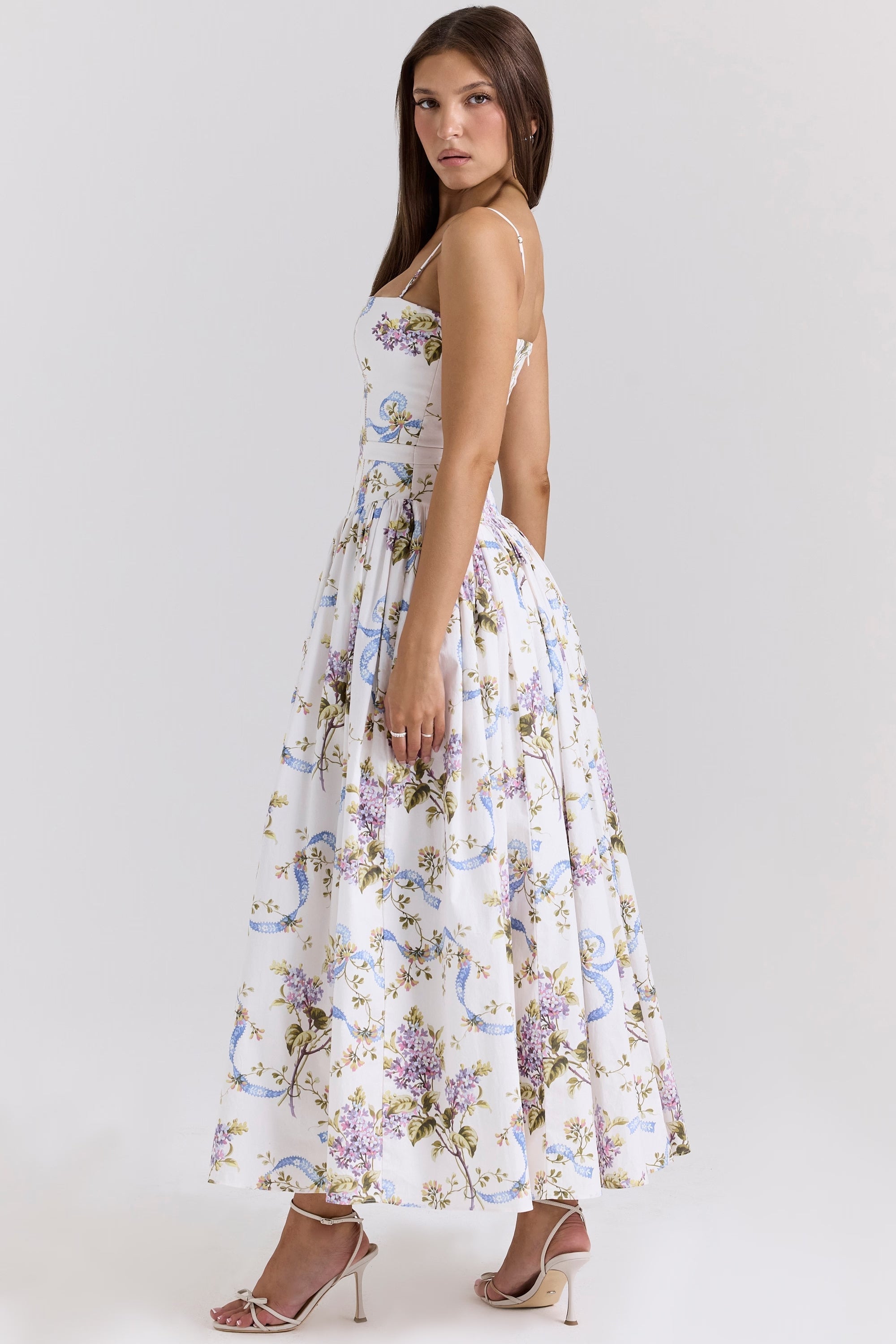 Floral Ribbon Print Corset Bodice Basque Waist Maxi Dress