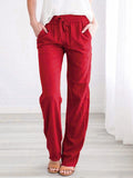 Linen Pants Elasric Waist Lace Up Pockets Loose Summer Casual Trousers