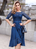 Dark Blue Peplum Short Dress Lace Bodice Boatneck Ribbon Waist Day Dresses