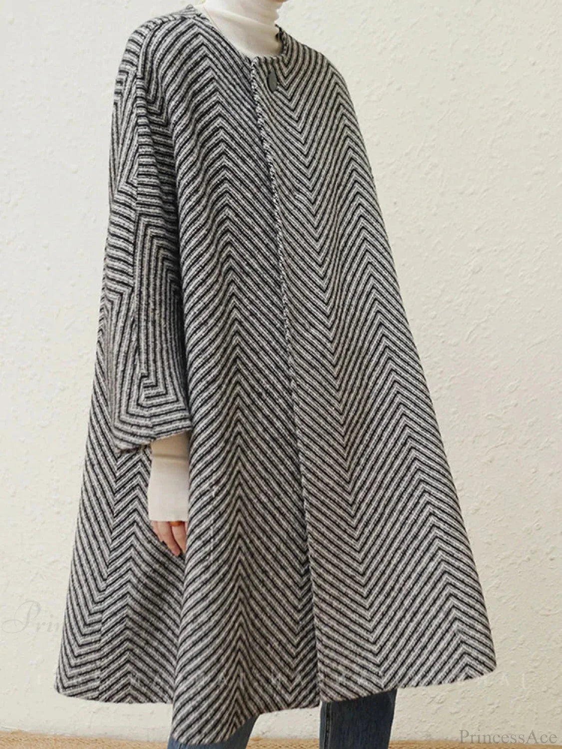 Zigzag Woolen Sashes A-Line Overcoat