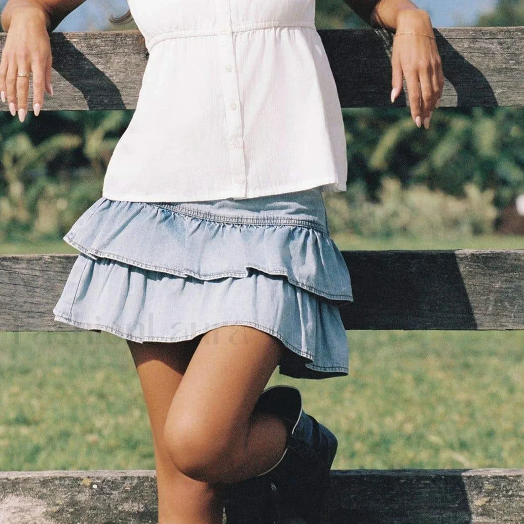 Zipper Ruffle Denim Skirt